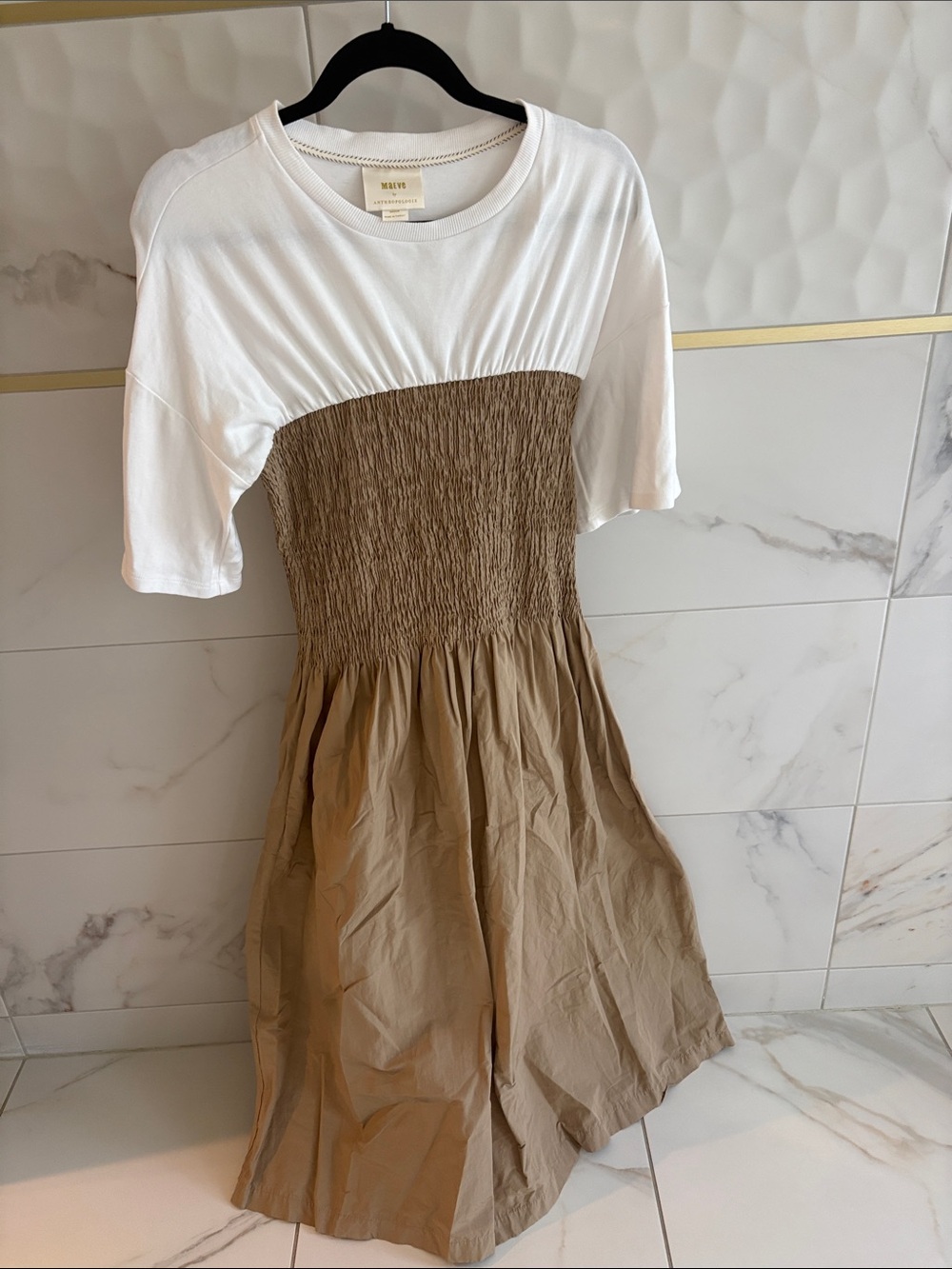 Maeve White and Tan Smocked-Waist Casual Dress
